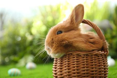 Adorable fluffy bunny in wicker basket outdoors, closeup. easter symbolの写真素材