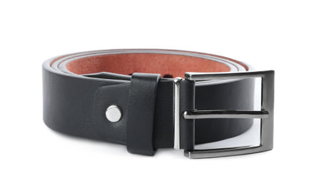 Stylish black leather belt isolated on whiteの写真素材