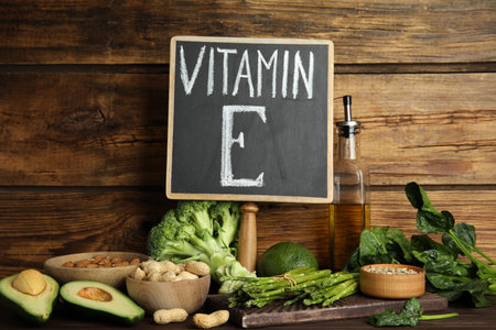 Small chalkboard with phrase Vitamin E and different products on wooden backgroundの写真素材