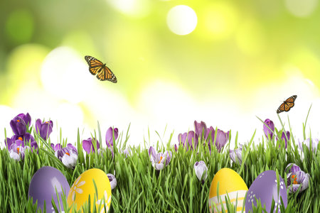 Colorful Easter eggs with flowers in green grass and butterflies on blurred backgroundの写真素材