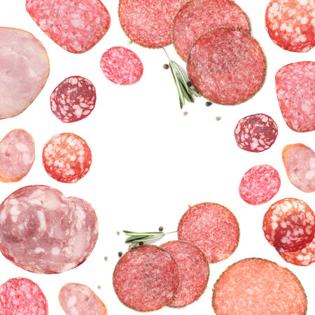 Frame made of cut fresh sausage on white background, top view. space for designの写真素材