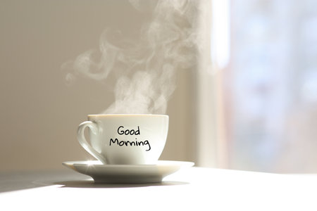 Delicious coffee in cup with Good Morning wish on sunlit table. Space for textの写真素材