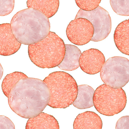 Set of cut fresh sausage on white background, top viewの写真素材