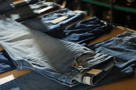 Stylish blue jeans on display in shopの写真素材