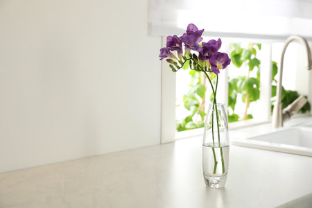 Beautiful purple freesia flowers on countertop in kitchen. Space for textの写真素材