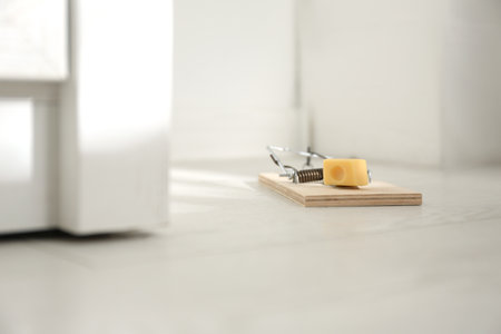 Mousetrap with piece of cheese on floor indoors. pest controlの写真素材
