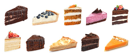 Set with different cake pieces isolated on white. banner design