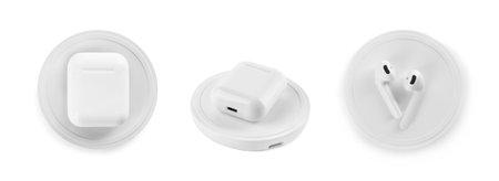 Collage with wireless chargers and earphones on white background