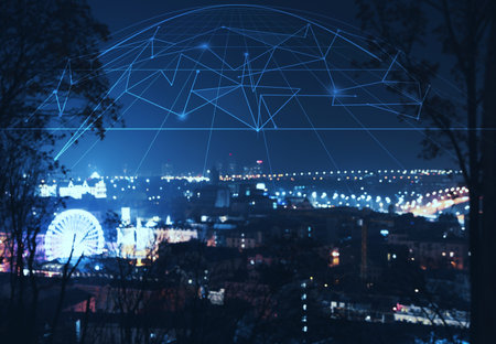 Night cityscape and network connection lines. cloud technology