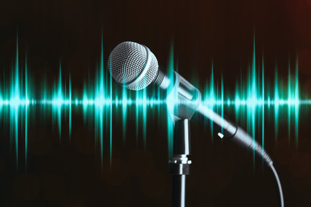 Microphone and radio wave on dark backgroundの写真素材