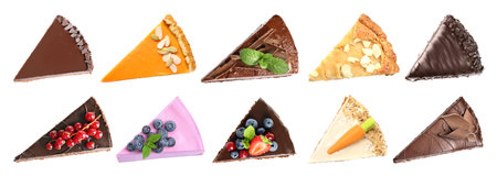 Set with different cake pieces isolated on white, top view. banner designの写真素材