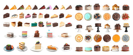 Set of different delicious cakes isolated on white. banner designの写真素材