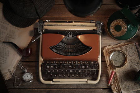 Flat lay composition with vintage detective items on wooden tableの写真素材