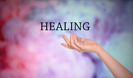 Close up view of woman on color background. Healing conceptの写真素材