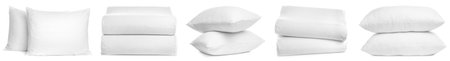 Collage of different soft pillows on white background. banner design