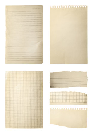 Set of different old notebook papers on white backgroundの写真素材