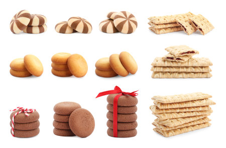 Set of different delicious cookies on white backgroundの写真素材
