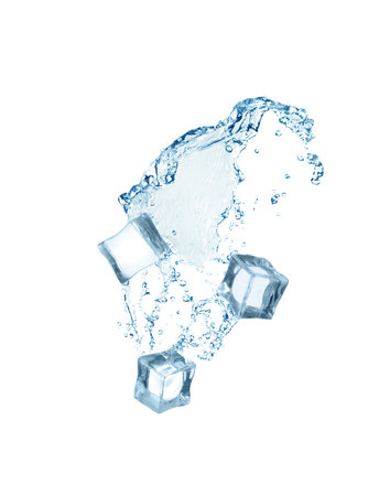 Crystal clear ice cubes and splashing water on white backgroundの写真素材