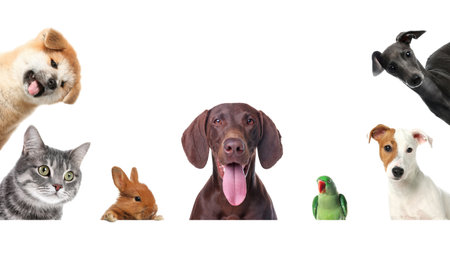Set with different cute pets on white background. banner designの写真素材