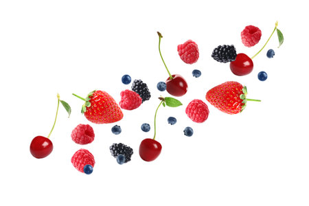 Set of falling sweet berries on white backgroundの写真素材
