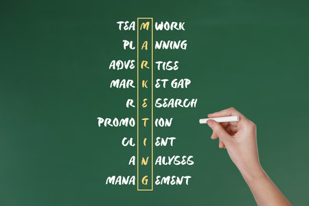 Woman drawing marketing strategy scheme on chalkboard, closeupの写真素材