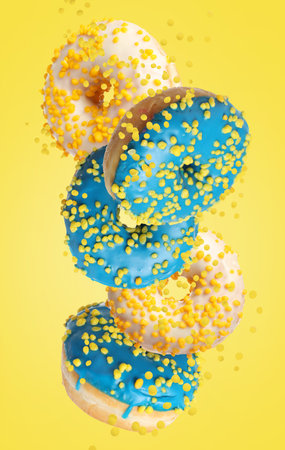 Set of falling delicious donuts on yellow backgroundの写真素材
