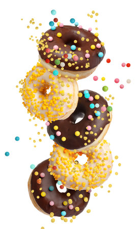 Set of falling delicious donuts on white backgroundの写真素材