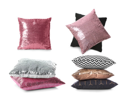 Set of different pillows on white backgroundの写真素材
