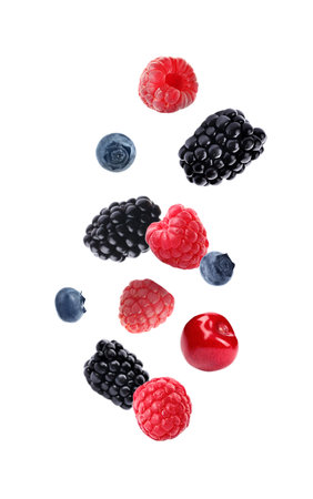 Set of falling sweet berries on white backgroundの写真素材