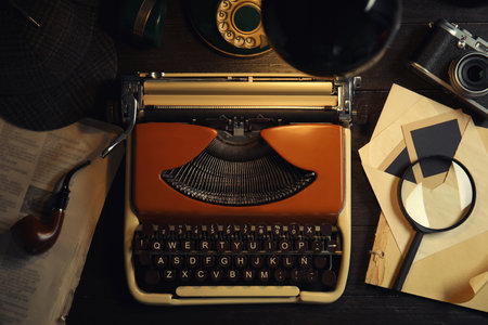 Flat lay composition with vintage detective items on dark wooden backgroundの写真素材