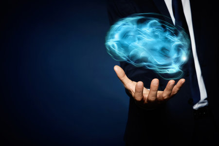 Young man holding digital image of brain on blue background, closeup. Space for text