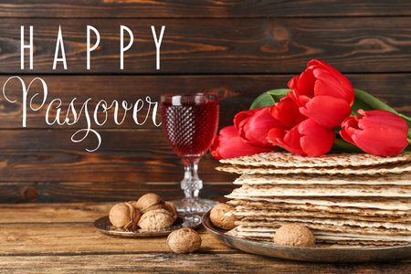 Composition with Passover matzos on wooden table. Pesach celebrationの写真素材