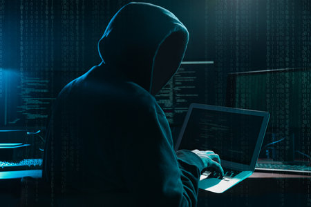Cyber criminal hacking system at table, digital binary code on foreground