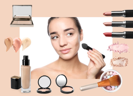 Beautiful woman and professional cosmetic products on color background. makeup artistの写真素材