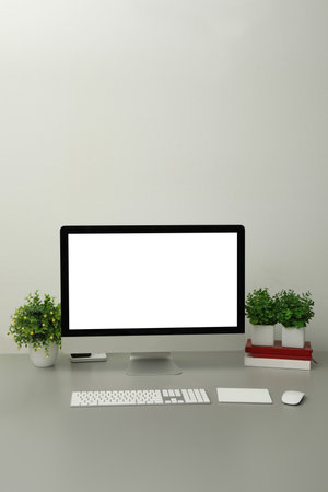 Modern workplace with computer and houseplants. interior design