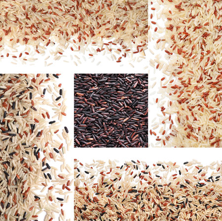 Collage with different types of rice, top viewの写真素材