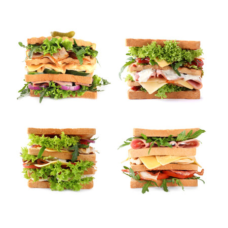 Set of different yummy sandwiches on white backgroundの写真素材