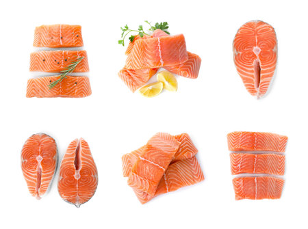 Set with steaks of fresh raw salmon on white background, top view. fish delicacyの写真素材