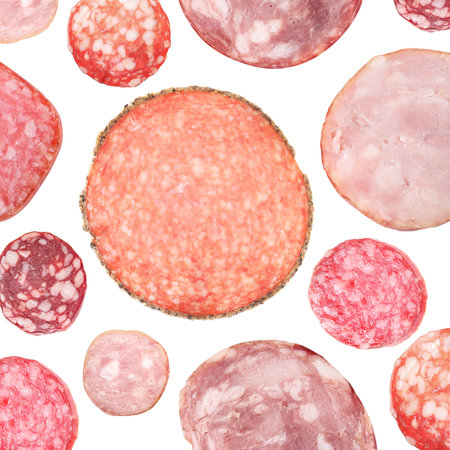 Set of tasty sliced sausage on white background, top viewの写真素材