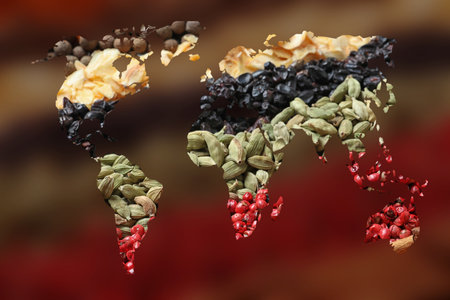 Double exposure of world map and different spices on blurred background. Logistics and wholesale conceptの写真素材