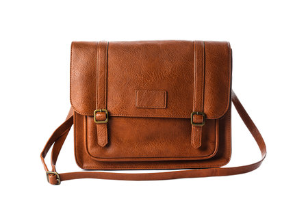Stylish brown leather bag isolated on whiteの写真素材