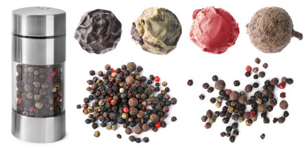 Set of different peppercorns on white background. banner design
