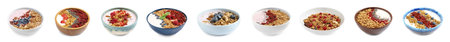 Set of different granola breakfasts with berries on white background. banner designの写真素材