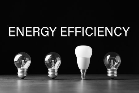 energy efficiency concept. Incandescent and LED lamp bulbs on gray tableの写真素材