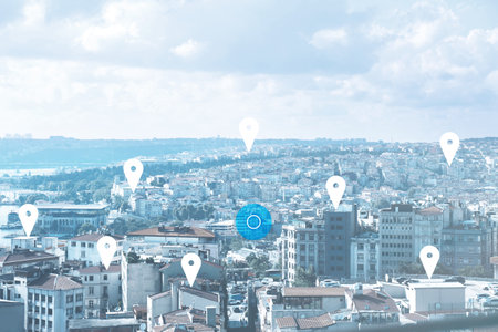 search location. Pins above buildings in the cityの写真素材