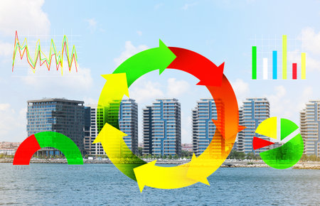 Double exposure of scheme and cityscapeの写真素材