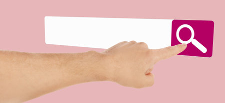 Man using search bar on virtual screen, closeup