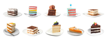 Set with different cake pieces isolated on white. Banner designの写真素材