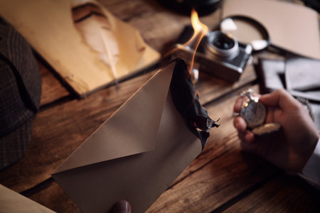 Detective with burning envelope and pocket watch at wooden table, closeupの写真素材