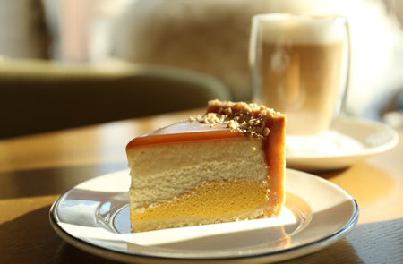 Piece of delicious cheesecake on table in cafe, closeupの写真素材